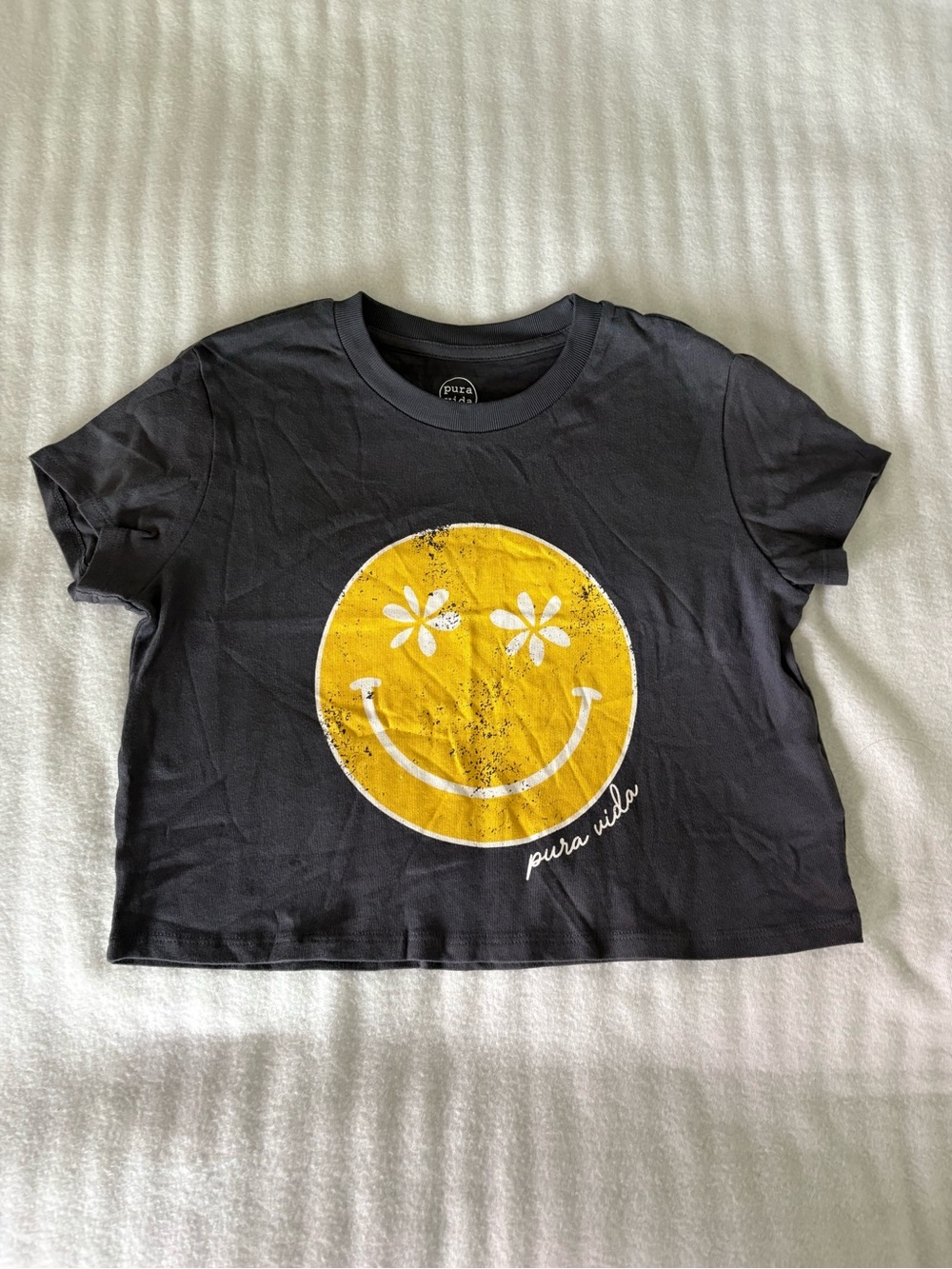 Puts Vida 100% Organic Cotton Womens Smiley Daisy Crop Top Vintage Black XS